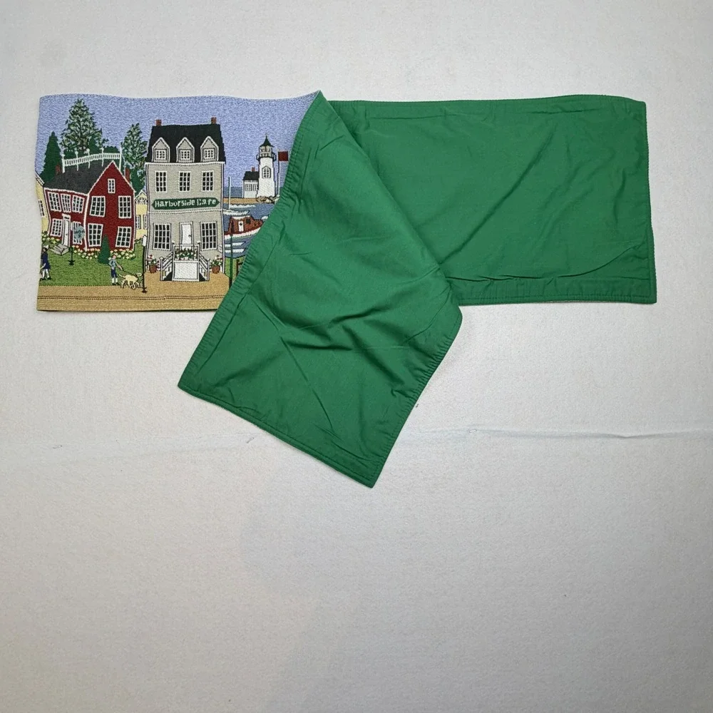 Vintage Coastal Village Tapestry Table Runner Lighthouse Harbor Scene Green Back